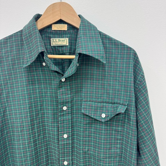 Vintage L.L. Bean Shirt Men 17.5-35 Plaid Single Needle Button Down Green - Picture 3 of 4